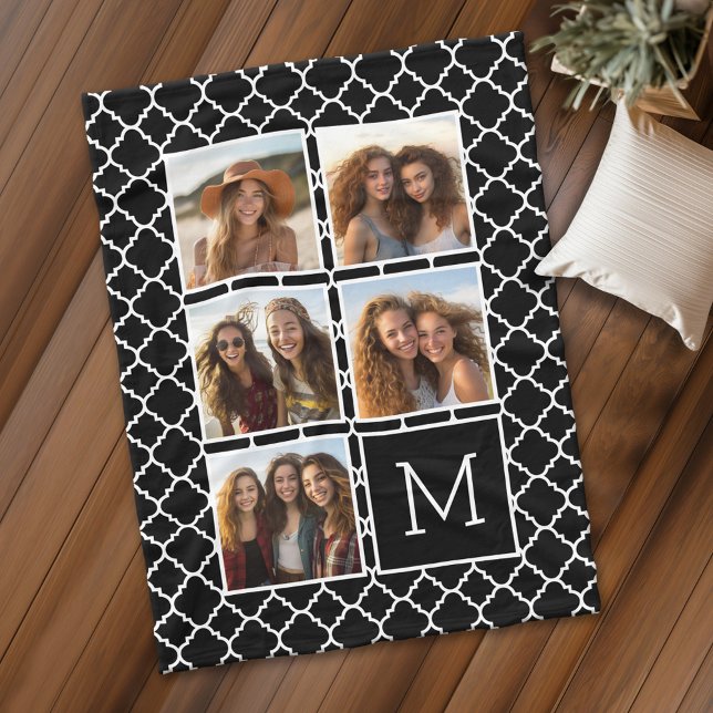 Black and White Square 5 Photo Collage Monogram Fleece Blanket (Personalized fleece blanket with 5 photos and a monogram)