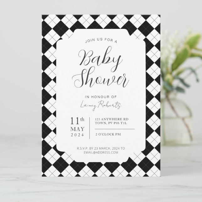 Black and White Square Argyle Gender Neutral Invitation (Standing Front)