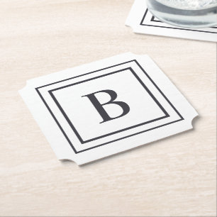 Black And White Square Border Monogram Paper Coaster