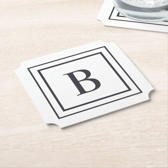 Black And White Square Border Monogram  Paper Coaster (Angled)
