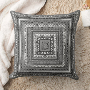 Black and white square scarf with ethnic ornament cushion