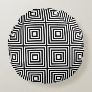 Black and White Squares in Squares Round Cushion