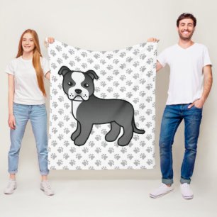 Black And White Staffie Cute Cartoon Dog & Paws Fleece Blanket