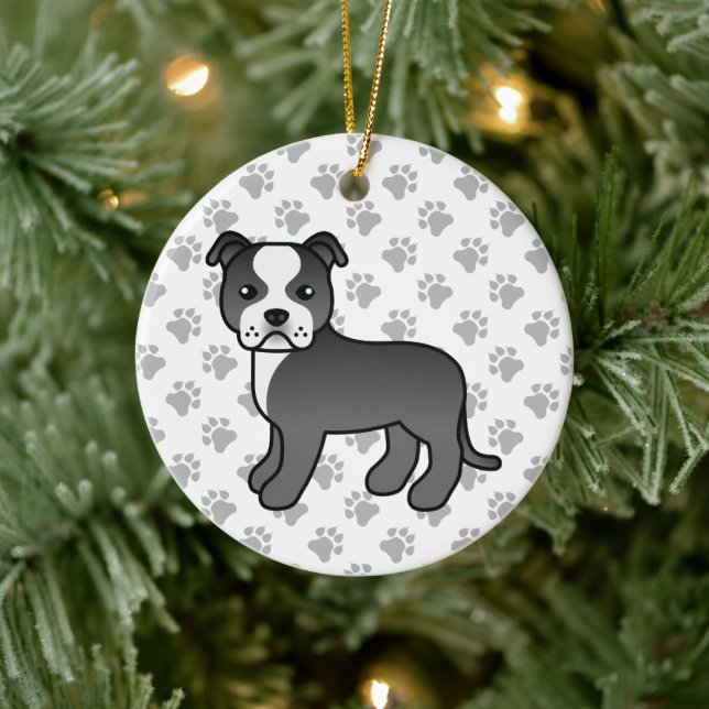 Black And White Staffordshire Bull Terrier Dog Ceramic Ornament (Tree)