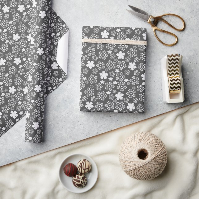 Black and White Star & Snowflakes Winter Pattern Wrapping Paper (Crafts)
