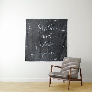 Black and White Starry Night Celestial Wedding Tapestry