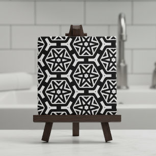 Black and White Stars and Hexagons Pattern Ceramic Tile