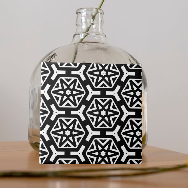 Black and White Stars and Hexagons Pattern Ceramic Tile (Creator Uploaded)