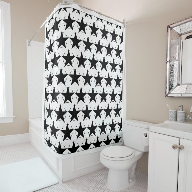 Black and White Stars Circle Geometric Pattern Shower Curtain (In Situ)