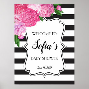 Black and White Stirpe Pink Floral Shower Sign