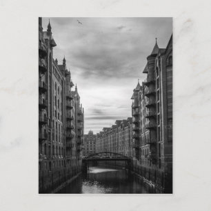 Black and White Storehouse Town River Bridge Postcard