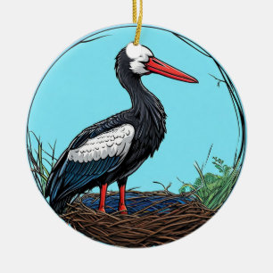Black and White Stork Standing on Nest Ceramic Ornament