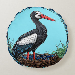Black and White Stork Standing on Nest Round Cushion