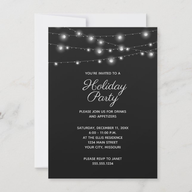 Black and White String Lights Christmas Party Invitation (Front)