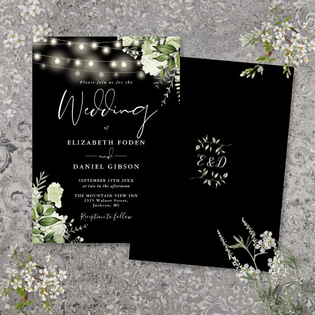Black And White String Lights Floral Wedding Invitation (Black And White String Lights Floral Wedding Invitation)