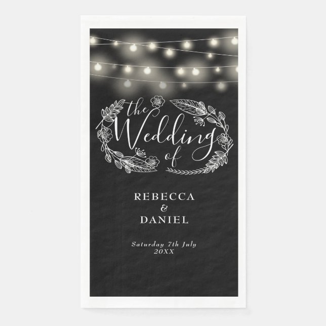 Black And White String Lights Floral Wedding Napkin (Front)