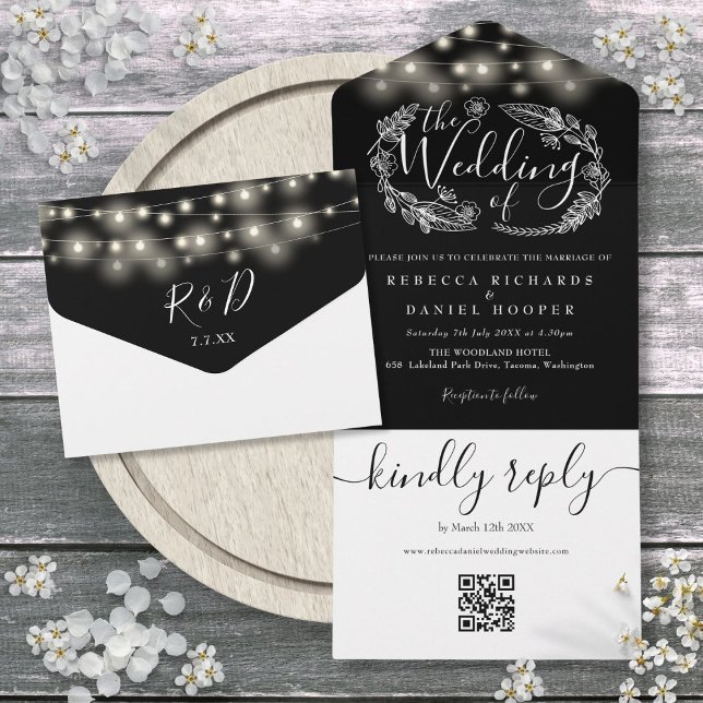 Black And White String Lights QR Code Wedding All In One Invitation (Black And White String Lights QR Code Wedding All In One Invitation)