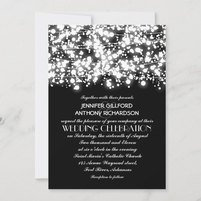black and white string lights wedding invitations (Front)