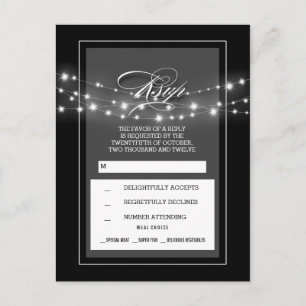 Black and white string lights wedding RSVP Invitation Postcard