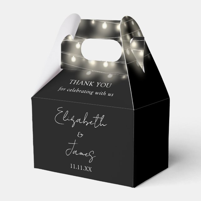 Black And White String Lights Wedding Thank You Favour Box (Front Side)