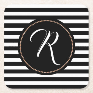 Black and White Stripe and Monogram Paper Coasters