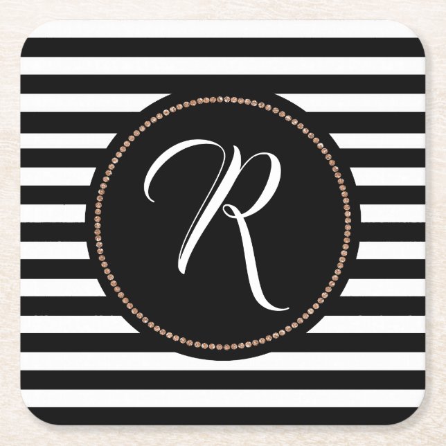 Black and White Stripe and Monogram Paper Coasters (Front)