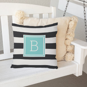 Black and White Stripe Aqua Monogram Outdoor Cushion