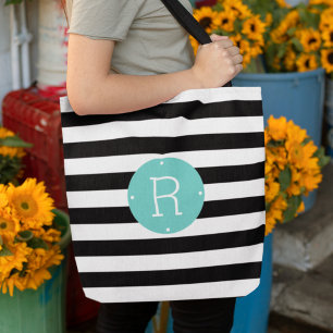 Black and White Stripe Aqua Monogram Tote Bag