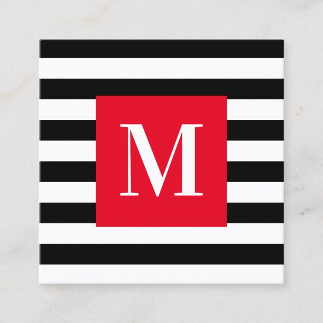 Black and White Stripe Bright Red Monogram Square Business Card (Front)