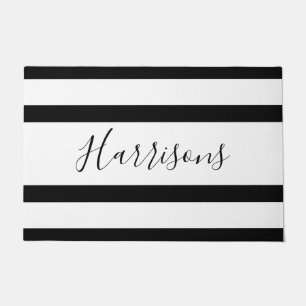 Black and White Stripe Family Welcome Doormat