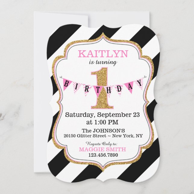 Black and White Stripe Gold Glitter First Birthday Invitation (Front)