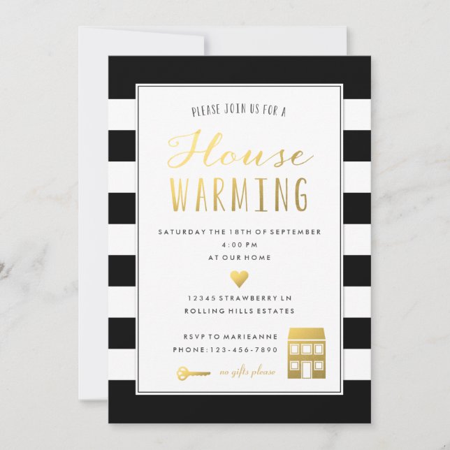 Black and White Stripe Gold Housewarming Party Invitation (Front)