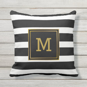 Black and White Stripe Gold Modern Monogram Outdoor Cushion