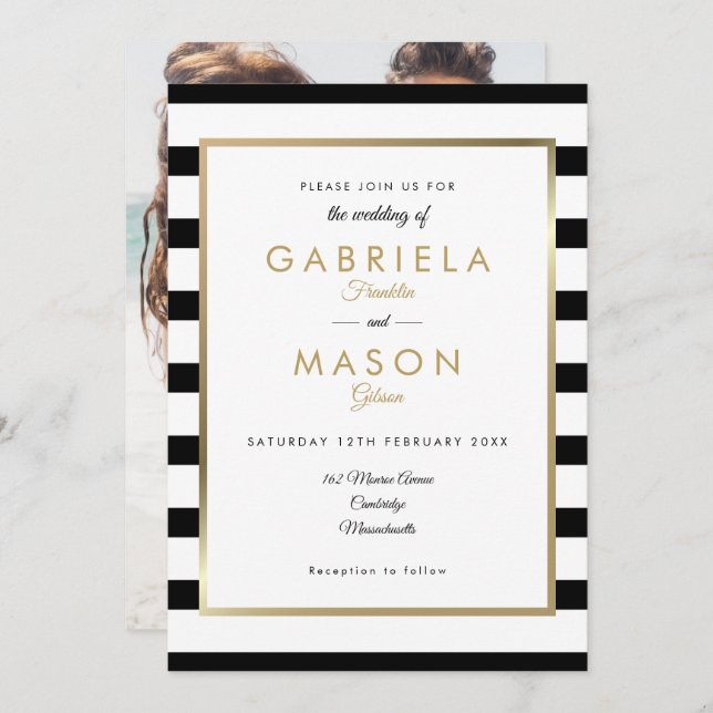 Black And White Stripe Gold Photo Wedding Invitation (Front/Back)