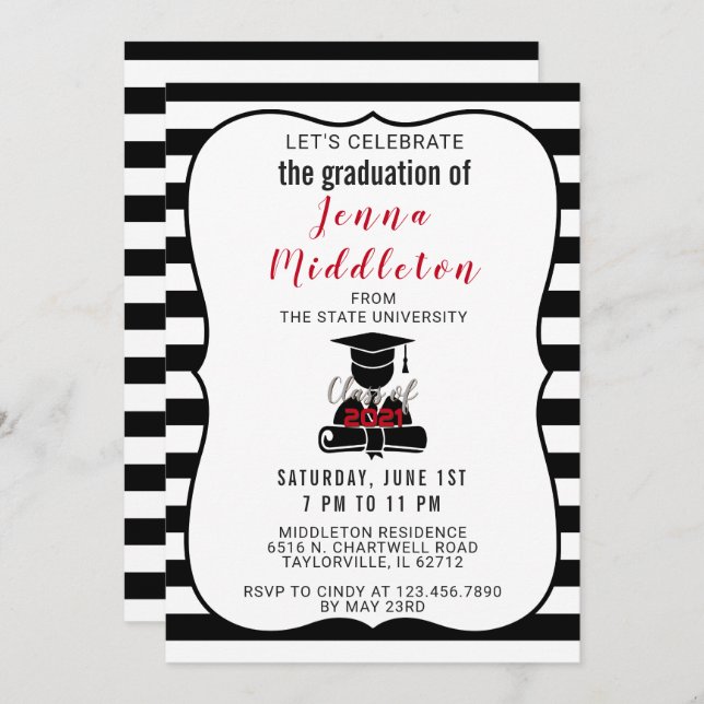 Black and White Stripe Graduation Invitation (Front/Back)