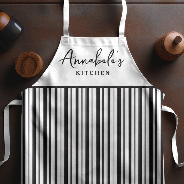 Black and White Stripe Modern Script Personalised  Apron (Creator Uploaded)