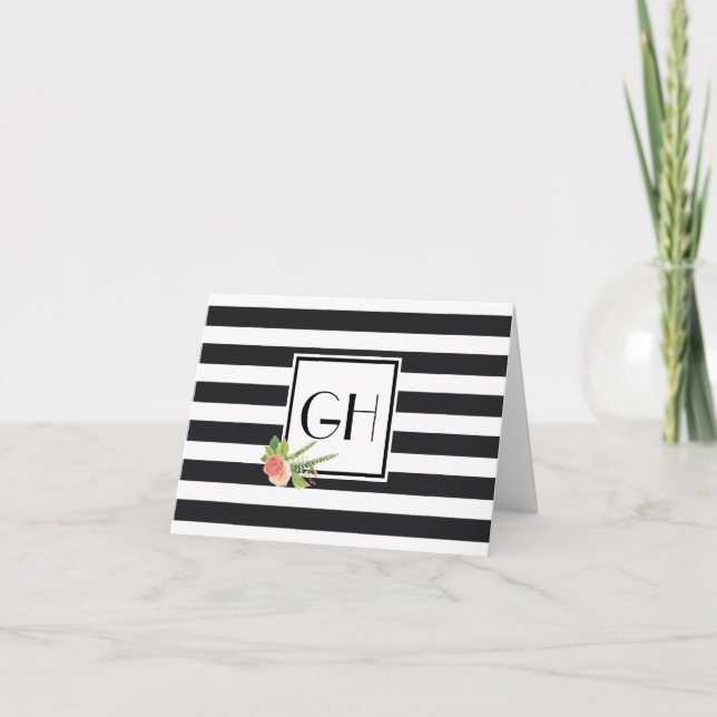 Black And White Stripe Monogram Folded Note Card (Front)