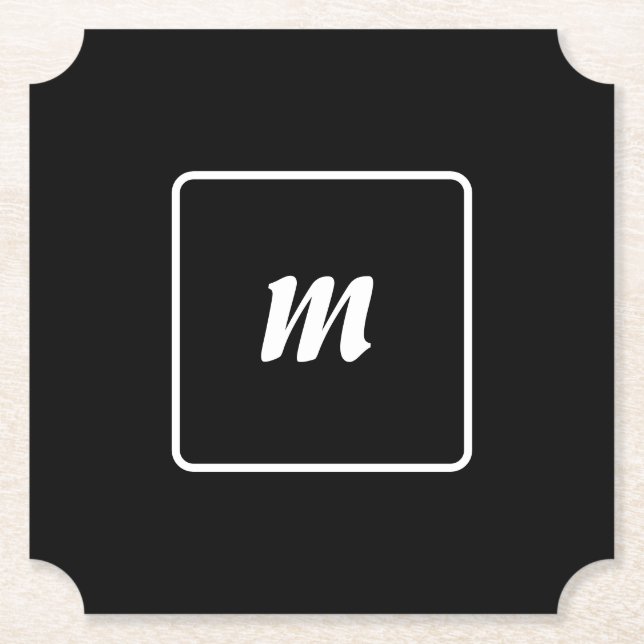 Black and White Stripe Monogram Paper Coaster (Front)