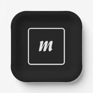 Black and White Stripe Monogram Paper Plate