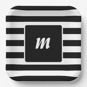Black and White Stripe Monogram Paper Plate