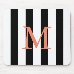 Black and white stripe monogrammed mouse pad