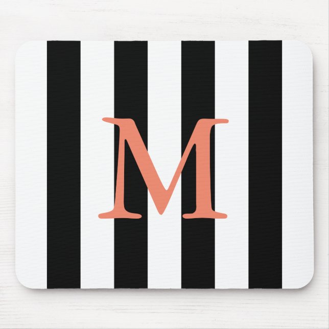 Black and white stripe monogrammed mouse pad (Front)