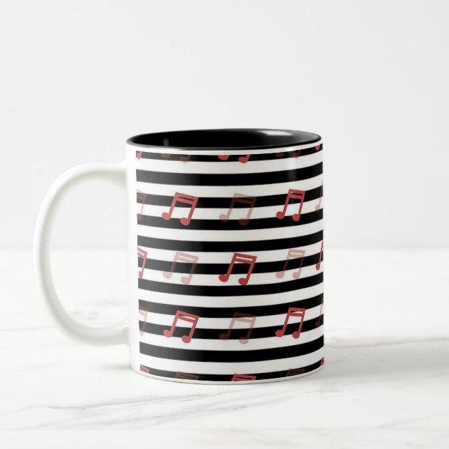 Black and White Stripe Music Note Musician  Two-Tone Coffee Mug (Left)
