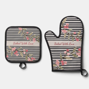 Black And White Stripe Oven Mitt & Pot Holder Set