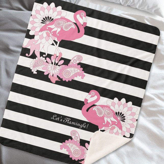 Black and White Stripe Paisley Pink Flamingos Sherpa Blanket (Creator Uploaded)