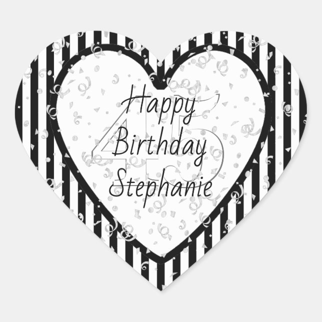 Black and White Stripe Pattern Happy Birthday Heart Sticker (Front)