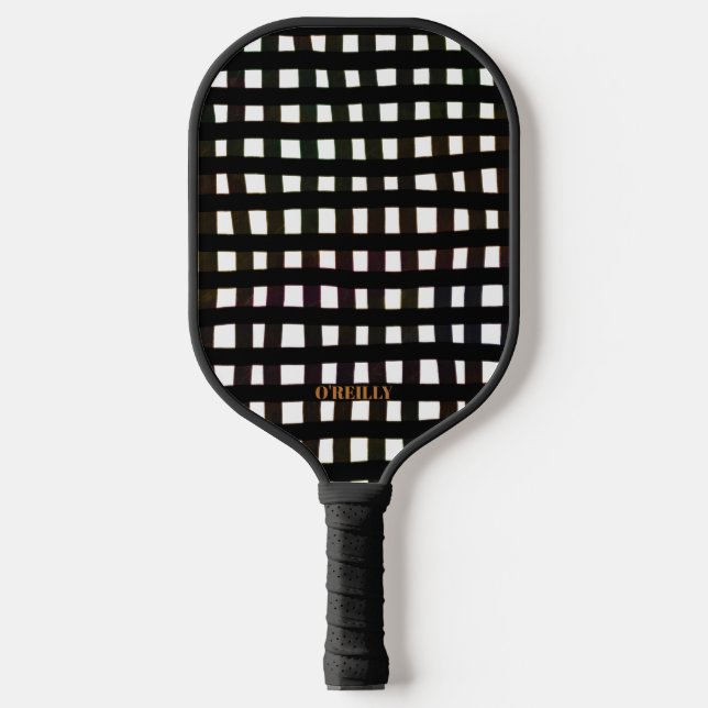 Black and White Stripe Pattern Modern Monogram Pickleball Paddle (Front)