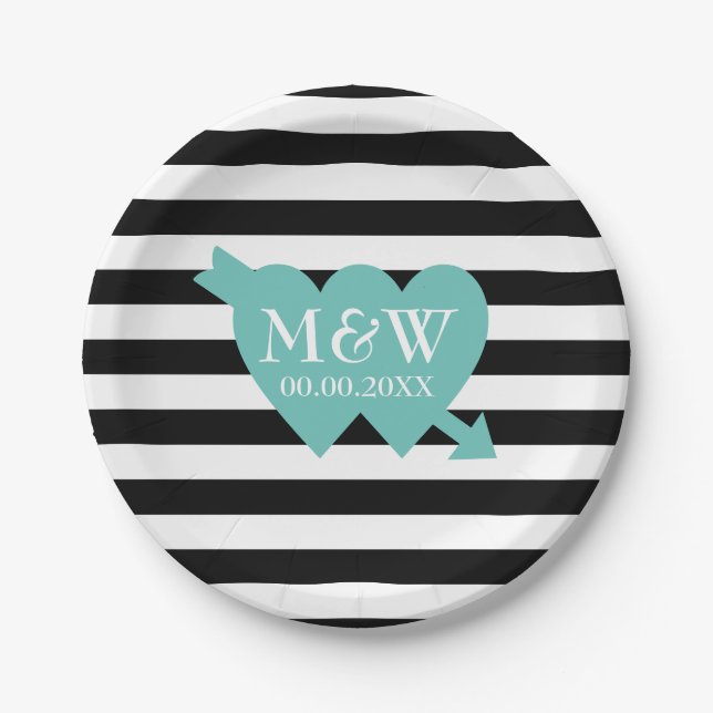 Black and white stripe pattern wedding plates (Front)