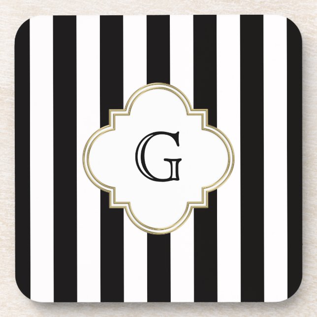 Black and White Stripe Pattern with White Monogram Coaster (Front)