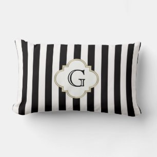 Black and White Stripe Pattern with White Monogram Lumbar Cushion